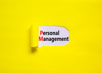 PM Personal management symbol. Concept words PM Personal management on yellow paper on a beautiful yellow table white background. Business and PM personal management concept.