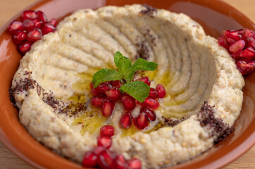Lebanese food mutabbal (eggplant dip), close up shot