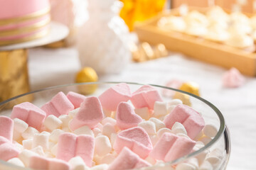 Marshmallow in glass vase on table Celebration concept ValentinesDay or birthday