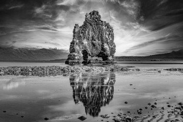 Beautiful view of a famous basalt rhinoceros stone at the seaside of Huamstangi in northern Iceland