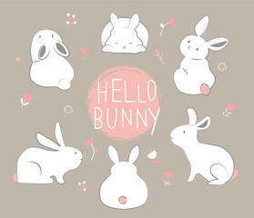 Obraz na płótnie Canvas Cute white easter bunny rabbit and flowers set