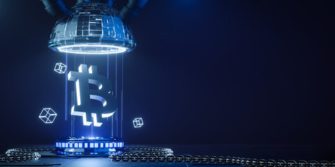 3d rendering concept cryptocurrency and blockchain illustration with copy space for text or message. Bitcoin symbol on sci fi podium with blue neon light.
