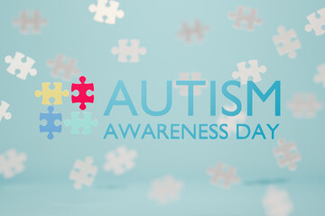 Autism Awareness Day. 3d render Illustration with fallen flying puzzles 2 April banner concept, DOF