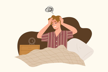 Young man is suffering from insomnia. Sleepless male is upset by waking up at night and can't sleep. Concept of suffering from insomnia, headache, stress, depressive mental illness. Flat vector.