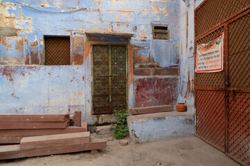 Jodhpur, Rajasthan, India - October 21st, 2019 : Traditional colorful houses. Historically, Hindu Brahmins used to paint their houses in blue for being upper caste, the tradition follows.