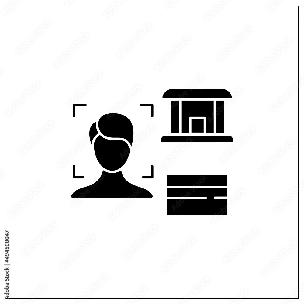 Poster face recognition glyph icon.banking app.authentication by facial recognition.personal verification, 
