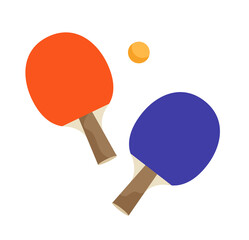 Set of red and blue Table tennis paddles and ball isolated on white background. Ping Pong player equipment. Concept of sport equipment, exercise, sport competition. Flat vector illustration.