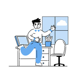 Man in office. Businessman goes to work. Outline happy business character at work. Linear interior of office with desk and computer. Modern cartoon isolated on white