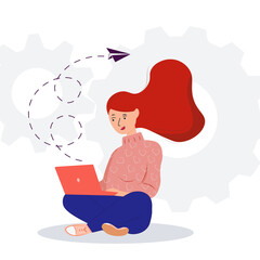 Girl is sitting and working with orange laptop in sweater in flat style