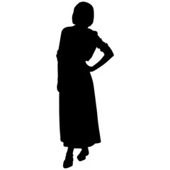 Black silhouette of slender woman with short hair in long skirt