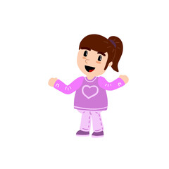 Funny Little girl. Happy child waves hand. Cute Character in pink clothes.