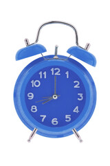 Blue alarm clock showing 8 o'clock. Isolated on white.