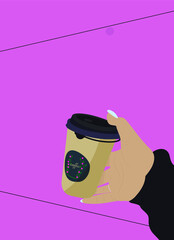 hand with coffee on pink background