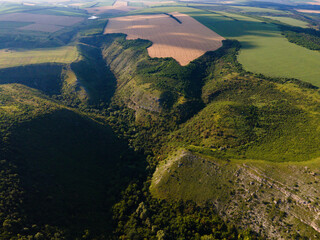 Drone shot photo of agricultural fields with wheat and valley with forest. Aerial view, beautiful scenery natural rural.