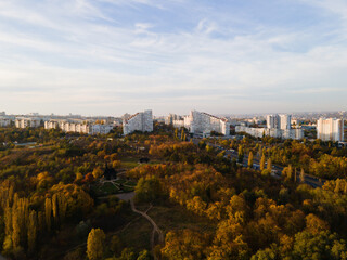 Naklejka premium Aerial shot of Gates of the City in the Chisinau, Moldova at autumn season. Blue sky with clouds. Panoramic view of Chisinau, the capital city of the Republic of Moldova.