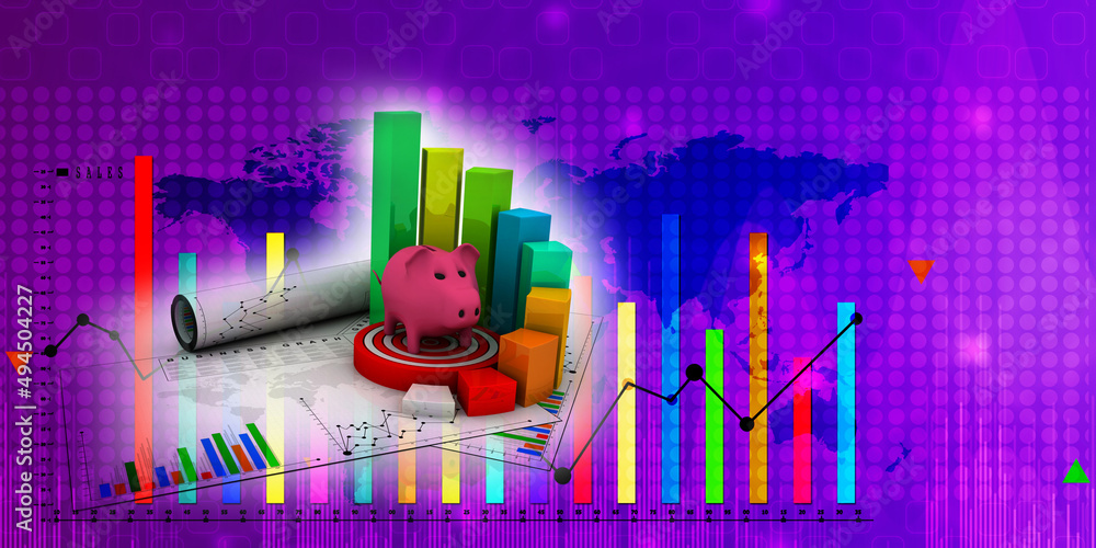 Poster 3d rendering pig coin bank with business graph