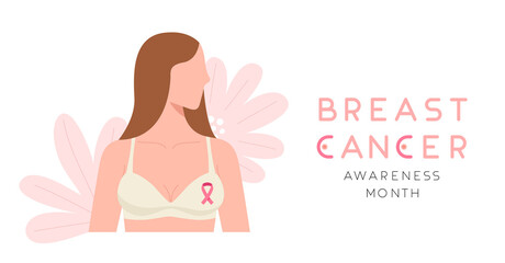 Breast Cancer Awareness Month. Woman wearing bra with pink ribbon sign of Breast cancer day. Female's disease prevention campaign banner poster. Woman supporting. Flat vector illustration.
