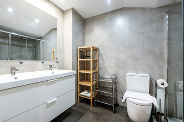 Fototapeta na wymiar Toilet with white porcelain sink with rectangular mirror, glass-enclosed shower stall and cement stucco walls