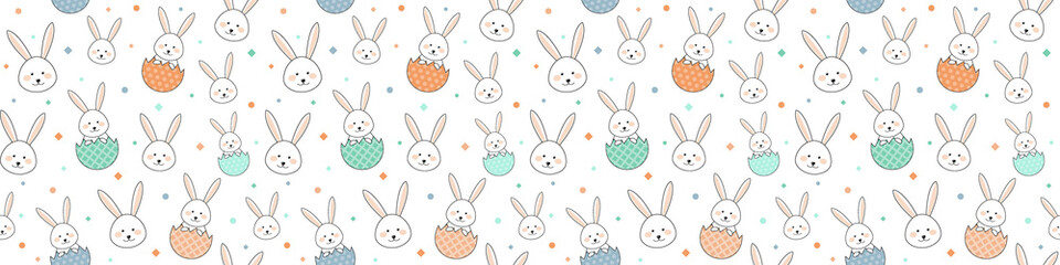 Smiley Easter bunnies and decorative eggs. Concept of a seamless pattern. Banner. Vector