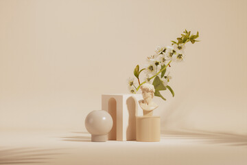 3D podium display, pastel pink and beige background with flowers and decorative vases. Minimal pedestal for beauty, product, fashion. Feminine copy space template 3d render
