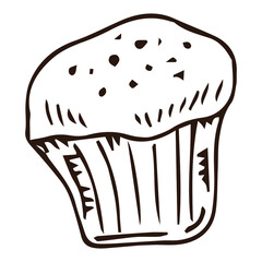 Hand drawn muffin isolated on white. Sketch of fresh baked muffin in vintage style. engraved pastry illustration. Sweet dessert pie or cookie ink drawing for label, logo, bakery menu, posters design