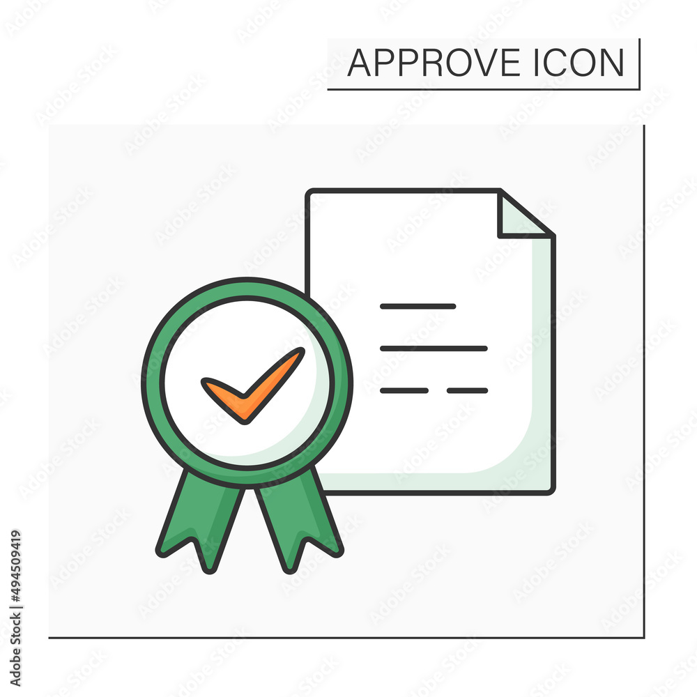 Aufkleber approved doc color icon. appointed and documented guidance and regulations. document approved seal.c