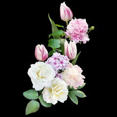 White roses, peony, tulip, flox isolated on black background. Floral arrangement, bouquet of garden flowers. Can be used for invitations, greeting, wedding card.