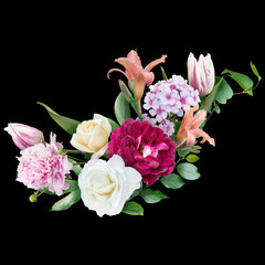 White and red roses, peony, lily, tulip, flox isolated on black background. Floral arrangement, bouquet of garden flowers. Can be used for invitations, greeting, wedding card.