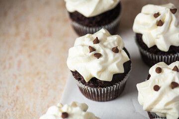 Rich chocolate cupcakes with whipped cream frosting and chocolate chips.