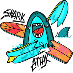 Shark Attack. Typography graphic print with Shark, Abstract drawing for t-shirts. creative design for boys. 