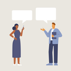 Business men and women. Сolleagues communication with speech bubbles. Cartoon male and female characters in full growth. Vector illustration in flat design, isolated. 