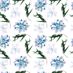 Watercolor seamless pattern with blue succulents and greenery on a white background
