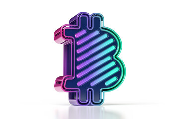 Striking Bitcoin 3D logo in purple to gren gradient neons. High quality 3D rendering.