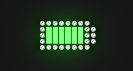 Lithium ion rechargeable cylinder cells arrange in battery power charging icon shape from top view, 3D rendering clean green energy storage technology concept