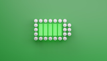 Lithium ion rechargeable cylinder cells arrange in battery power charging icon shape from top view, 3D rendering clean green energy storage technology concept