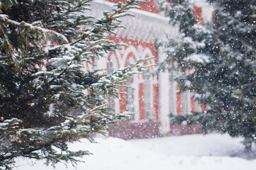 Snow-covered branches of fir trees in a heavy snowfall against the backdrop of an old red brick building. Historic building in the gothic style in blur in the background. Winter Christmas landscape