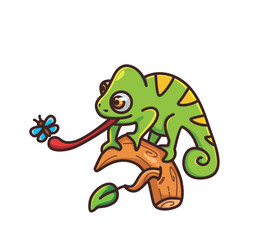 cute chameleon catching insect bug food. cartoon animal nature concept Isolated illustration. Flat Style suitable for Sticker Icon Design Premium Logo vector. Mascot Character