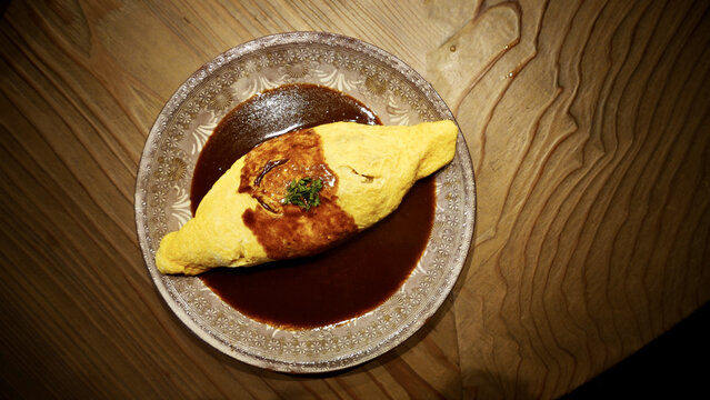 Top view of a delicious curry omurice in Kyoto