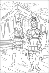 Romans. Roman soldier. Greece. Ancient world. Engraving.Coloring for adults. Black and white vector illustration.