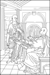Library. Coloring book for adults. Tibetan monks. The teacher is a monk. School of monks. Ancient world. Black and white vector illustration.