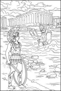 Coloring book for adults. Roman in Greece. Neptune Poseidon God. Ancient world. Black and white vector illustration.