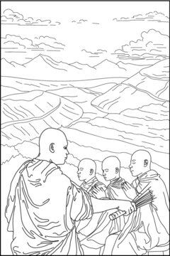 Bald monks in the mountains. Coloring book for adults. Tibetan monks. The teacher is a monk. School of monks. Ancient world. Black and white vector illustration.