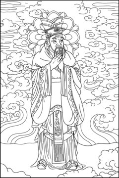 Coloring book for adults. Chinese monk in national dress. Ancient world. Vector image.