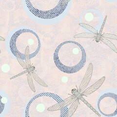 Seamless cute dragonfly pattern on a light polka dot background.