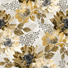 Seamless retro floral pattern with watercolor effect. Golden, yellow flowers on a light background. - 494517652