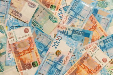 Russian money. Different denomination of bills. Close-up of Russian rubles. Finance concept. Money background and texture