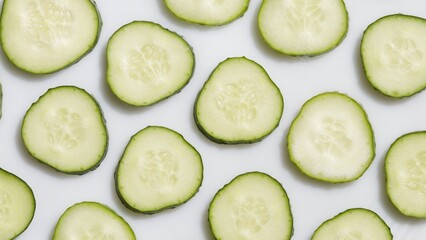 Cucumber slices arranged in rows on white background | products background, face lotion commercial concept