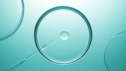 Top view macro shot of lab dropper injects insoluble transparent gel in liquid in petri dish on...