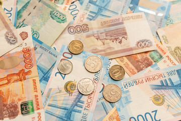 Russian money. Different denomination of bills. Close-up of Russian rubles. Finance concept. Money background and texture