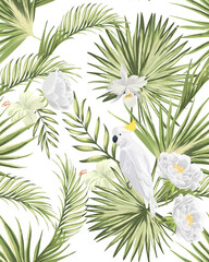 Tropische vector naadloze achtergrond. Jungle patroon met exotische bloemen en palmbladeren. Voorraad vector. Zomer vector vintage behang.